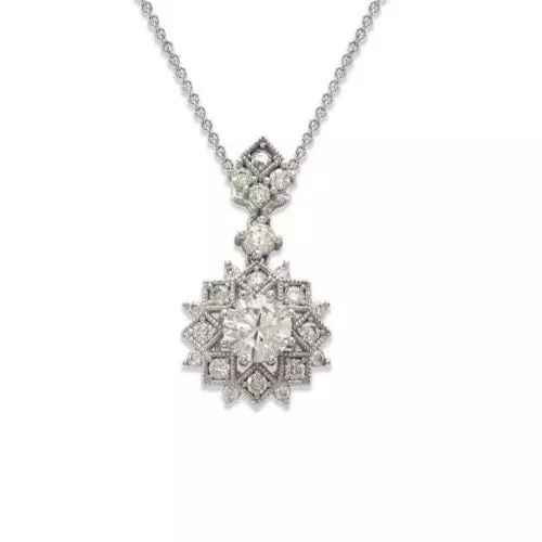 NEW 14K WHITE GOLD FANCY DIAMOND CZ PENDANT: NEW 14K WHITE GOLD FANCY DIAMOND CZ PENDANT 14K White Gold Approx. 12x20mm Cubic Zirconia Items in this Set: Earrings Available as a Set Available in Yellow Gold Chains Sold Separately Weight: 1.9 Gra
