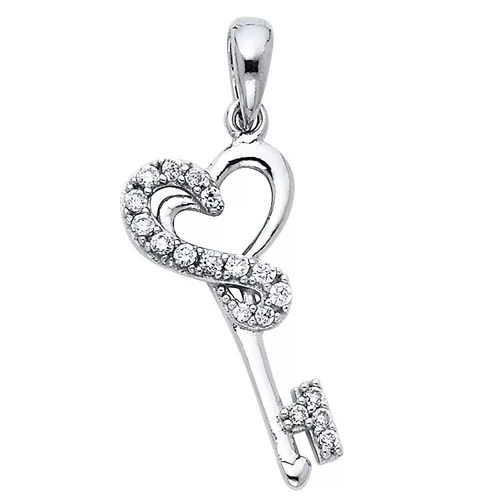NEW 14K WHITE GOLD CZ HEART DESIGN KEY PENDANT (1 of 2)