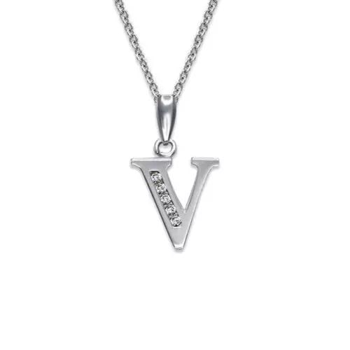 NEW 14K WHITE GOLD WV INITIAL "V" PENDANT: NEW 14K WHITE GOLD WV INITIAL "V" PENDANT 14K White Gold Approx. 10x10mm High Polished/Cubic Zirconia Available in Yellow Gold Items in this Set: Earrings Available as a Set Chains Sold Separately Wei