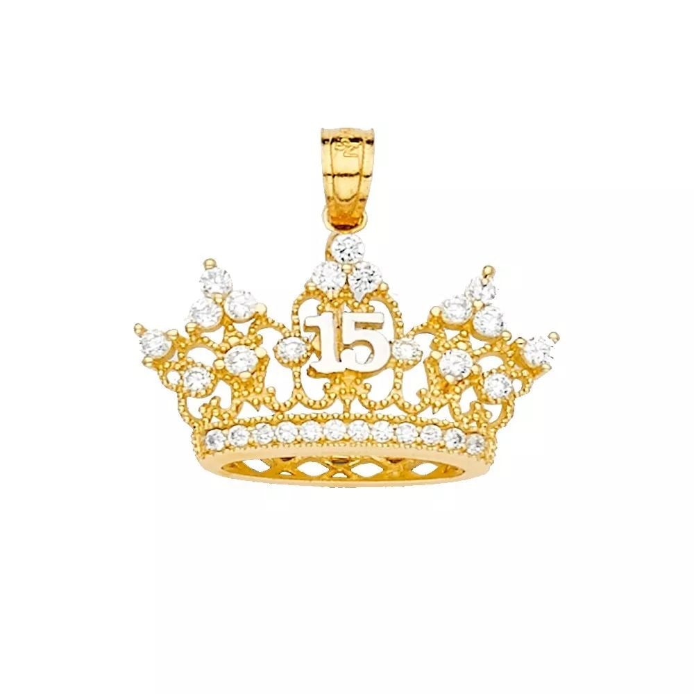 NEW 14K YELLOW GOLD 15 YEARS CZ CROWN PENDANT (1 of 2)