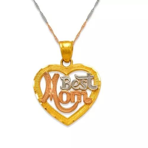 NEW 14K TRICOLOR GOLD BEST MOM HEART HIGH PENDANT: NEW 14K TRICOLOR GOLD BEST MOM HEART HIGH PENDANT 14K Tricolor Gold Approx. 20x18mm High Polished/Diamond Cut Chains Sold Separately Weight: 1.7 Grams