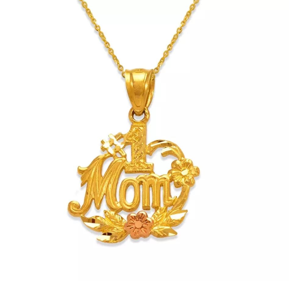 NEW 14K TWO-TONE GOLD MOM PENDANT: NEW 14K TWO TONE GOLD MOM PENDANT 14K Two Tone Gold Approx. 19x17mm High Polished/Diamond Cut Chains Sold Separately Weight: 1.7 Grams
