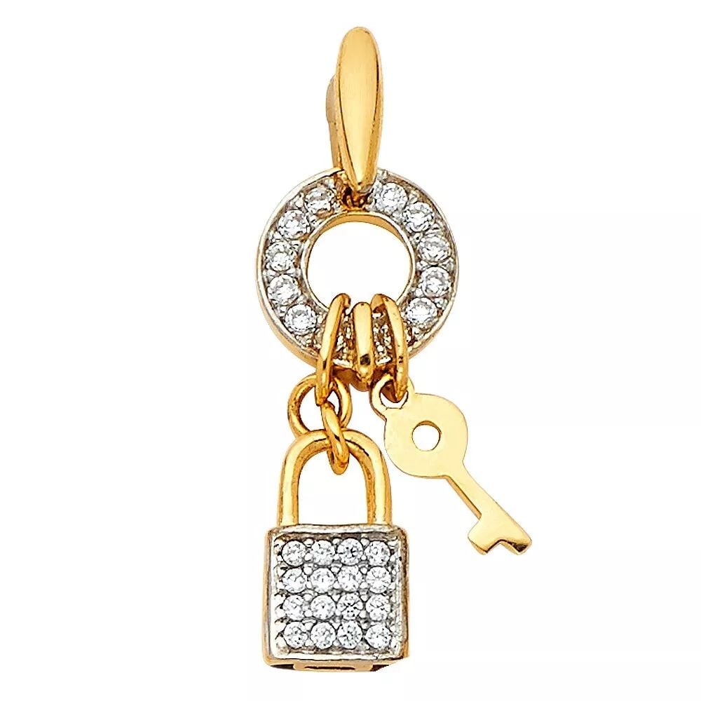 NEW 14K TWO TONE GOLD CZ KEY & LOCK PENDANT (1 of 2)