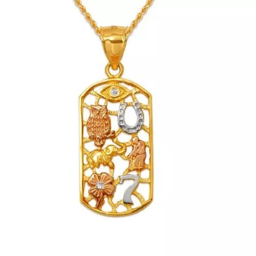 NEW 14K TRICOLOR GOLD GOODLUCK CHARM PENDANT: NEW 14K TRICOLOR GOLD GOODLUCK CHARM PENDANT 14K Tricolor Gold Approx. 15x28mm High Polished Chains Sold Separately Weight: 4.5 Grams