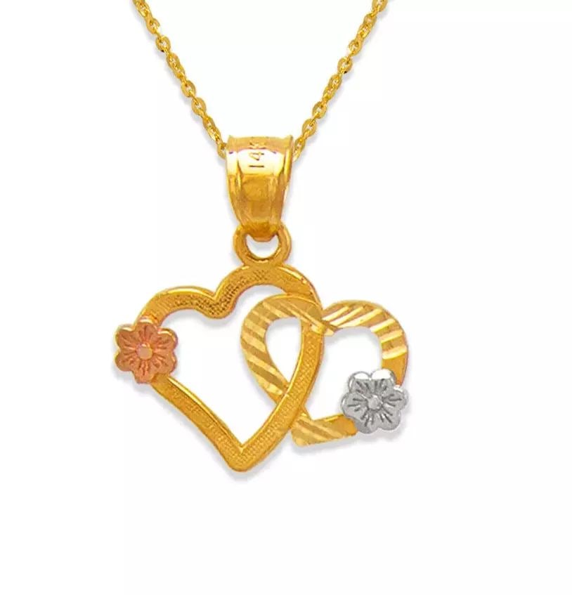 NEW 14K TRICOLOR GOLD TWO HEARTS AND FLOWERS PENDANT: NEW 14K TRICOLOR GOLD TWO HEARTS AND FLOWERS PENDANT 14K Tricolor Gold Approx. 17x12mm High Polished/Diamond Cut Chains Sold Separately Weight: 1.0 Grams