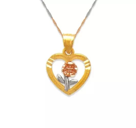 NEW 14K TRICOLOR GOLD ROSE HEART PENDANT: NEW 14K TRICOLOR GOLD ROSE HEART PENDANT 14K Tricolor Gold Approx. 14x13mm High Polished/Diamond Cut Chains Sold Separately Weight: 1.1 Grams
