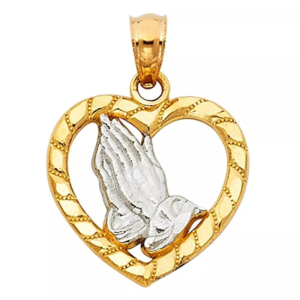NEW 14K TWO TONE GOLD PRAYING HANDS IN HEART PENDANT (1 of 2)