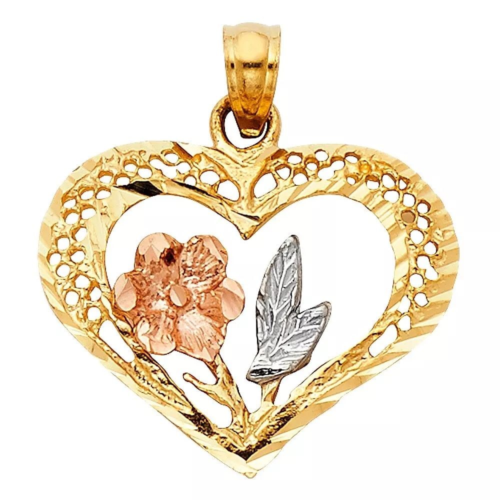 NEW 14K TRI COLOR GOLD HEART WITH ROSE PENDANT (1 of 2)
