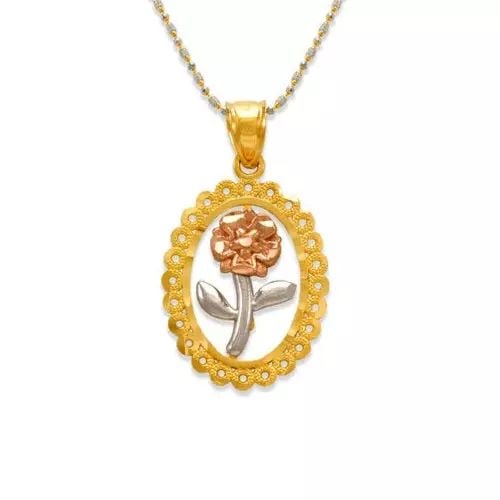 NEW 14K TRICOLOR GOLD ROSE PENDANT: NEW 14K TRICOLOR GOLD ROSE PENDANT 14K Tricolor Gold Approx. 15x19mm High Polished/Diamond Cut Chains Sold Separately Weight: 1.7 Grams