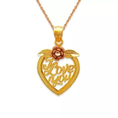 NEW 14K TWO-TONE GOLD I LOVE YOU ROSE HEART PENDANT: NEW 14K TWO-TONE GOLD I LOVE YOU ROSE HEART PENDANT 14K Two Tone Gold Approx. 16x18mm High Polished/Diamond Cut Chains Sold Separately Weight: 2.1 Grams