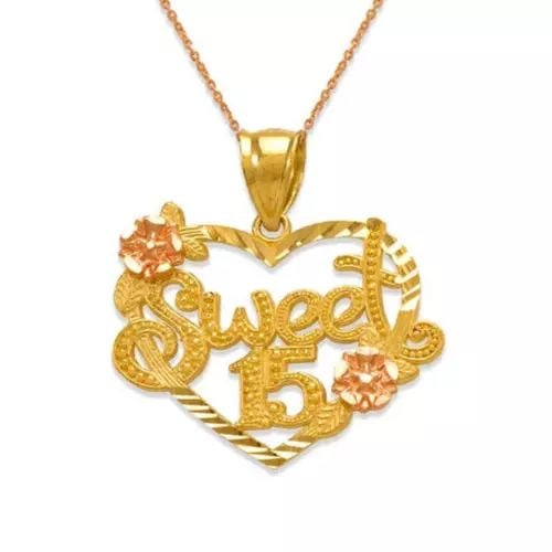 NEW 14K TWO-TONE GOLD SWEET 15 HEART PENDANT: NEW 14K TWO-TONE GOLD SWEET 15 HEART PENDANT 14K Two Tone Gold Approx. 27x21mm High Polished/Diamond Cut Chains Sold Separately Weight: 2.7 Grams