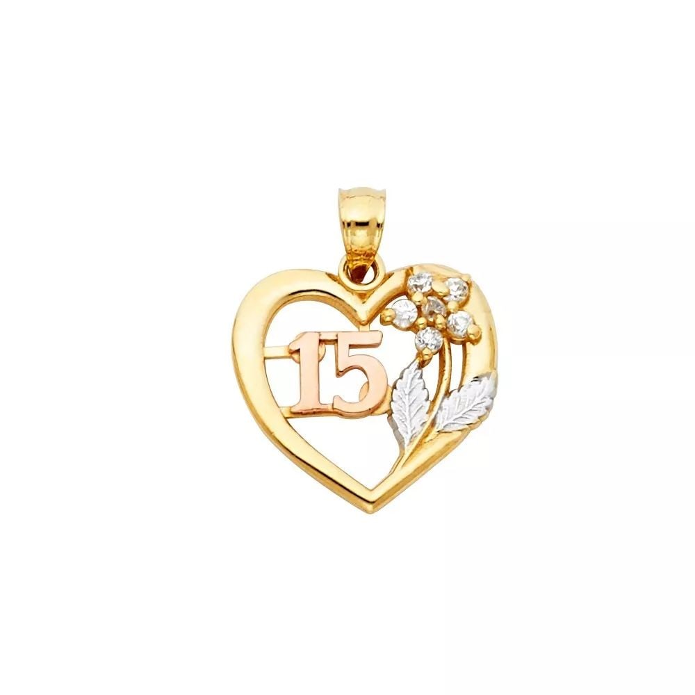 NEW 14K TRI COLOR GOLD CZ 15 YEARS HEART PENDANT: NEW 14K TRI COLOR GOLD CZ 15 YEARS HEART PENDANT 14K TRI COLOR GOLD> NEW CZ 15 YEARS HEART PENDANT WEIGHT: 2.4