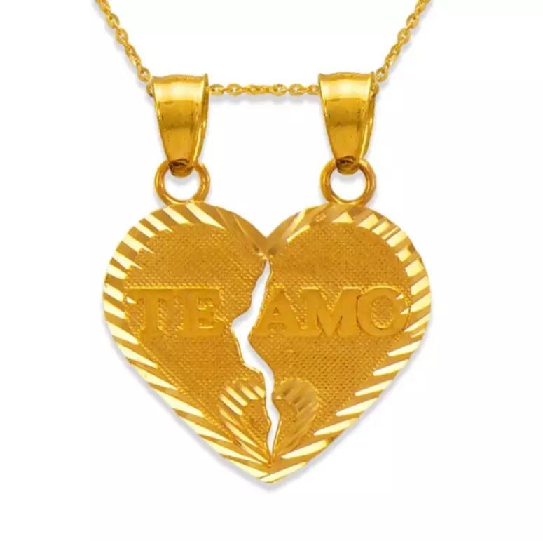 NEW 14K YELLOW GOLD TWO-PIECE TE AMO HEART PENDANT: NEW 14K YELLOW GOLD TWO-PIECE TE AMO HEART PENDANT 14K Yellow Gold Approx. 21x18mm High Polished/Diamond Cut Chains Sold Separately Weight: 2.5 Grams