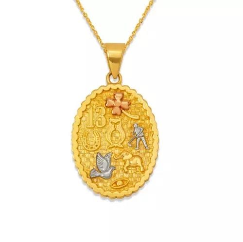 NEW 14K TRICOLOR GOLD GOODLUCK PENDANT: NEW 14K TRICOLOR GOLD GOODLUCK PENDANT 14K Tricolor Gold Approx. 17x21mm High Polished Chains Sold Separately Weight: 2.6 Grams