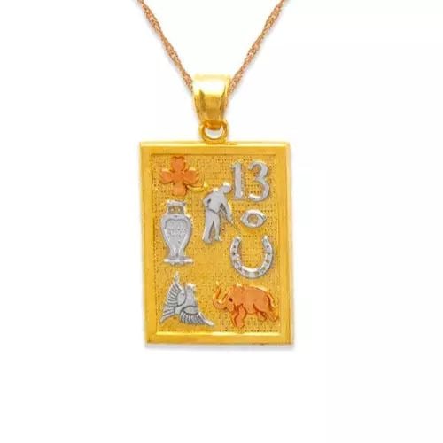NEW 14K TRICOLOR GOLD GOODLUCK PENDANT: NEW 14K TRICOLOR GOLD GOODLUCK PENDANT 14K Tricolor Gold Approx. 15x21mm High Polished Chains Sold Separately Weight: 2.7 Grams
