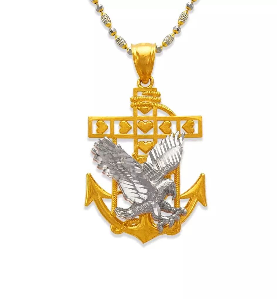 NEW 14K TWO-TONE GOLD EAGLE ANCHOR PENDANT: NEW 14K TWO-TONE GOLD EAGLE ANCHOR PENDANT 14K Two Tone Gold Approx. 22x28mm High Polished Chains Sold Separately Weight: 4.2 Grams