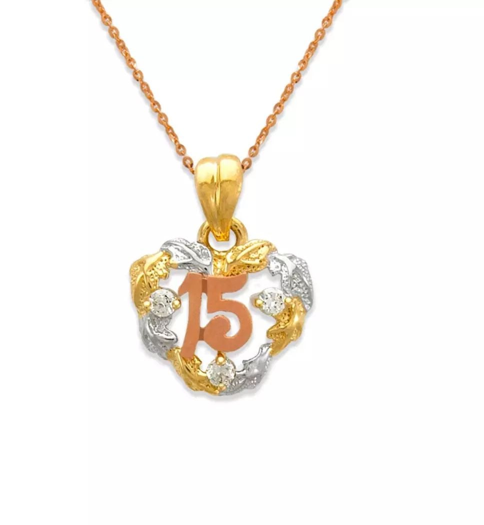 NEW 14K TRICOLOR GOLD FANCY 15 ANOS HEART CZ PENDANT: NEW 14K TRICOLOR GOLD FANCY 15 ANOS HEART CZ PENDANT 14K Tricolor Gold Approx. 15x19mm High Polished/Cubic Zirconia Items in this Set: Ring Available as a Set Chains Sold Separately Weight: 1.9 Grams