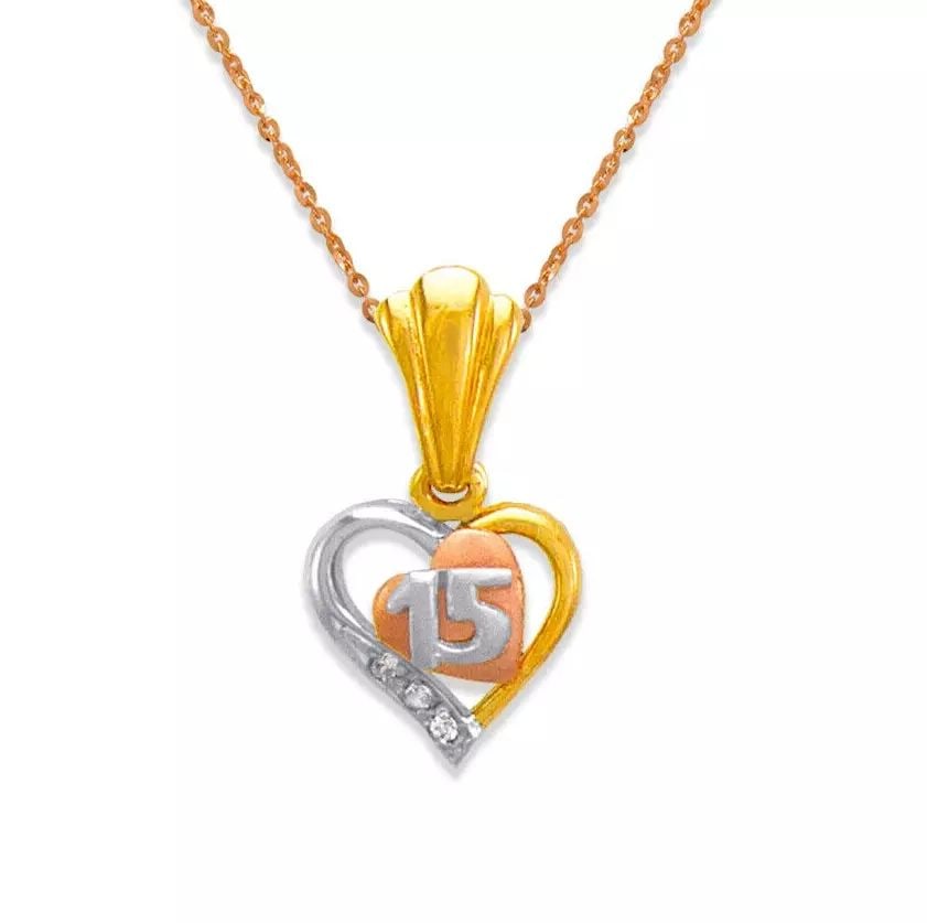 NEW 14K TRICOLOR GOLD 15 ANOS HEART CZ PENDANT: NEW 14K TRICOLOR GOLD 15 ANOS HEART CZ PENDANT 14K Tricolor Gold Approx. 11mm High Polished/Cubic Zirconia Chains Sold Separately Weight: 2.2 Grams