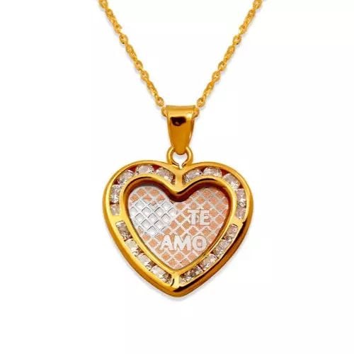 NEW 14K TRICOLOR GOLD TE AMO HEART CZ PENDANT: NEW 14K TRICOLOR GOLD TE AMO HEART CZ PENDANT 14K Tricolor Gold Approx. 17x16mm Cubic Zirconia Chains Sold Separately Weight: 1.1 Grams