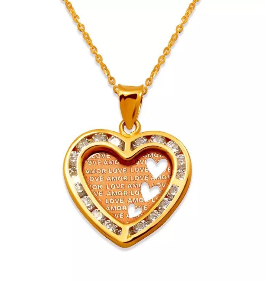 NEW 14K TRICOLOR GOLD AMAR LOVE CZ PENDANT: NEW 14K TRICOLOR GOLD AMAR LOVE CZ PENDANT 14K Tricolor Gold Approx. 17x16mm Cubic Zirconia Chains Sold Separately Weight: 1.1 Grams