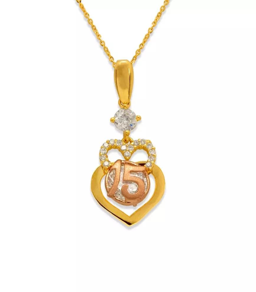 NEW 14K TWO-TONE GOLD FANCY 15 ANOS DOUBLE HEART CZ PENDANT: NEW 14K TWO-TONE GOLD FANCY 15 ANOS DOUBLE HEART CZ PENDANT 14K Two Tone Gold Approx. 11x13.5mm Center High Polished/Satin Finished/Cubic Zirconia Chains Sold Separately Items in this Set: Earrings, R
