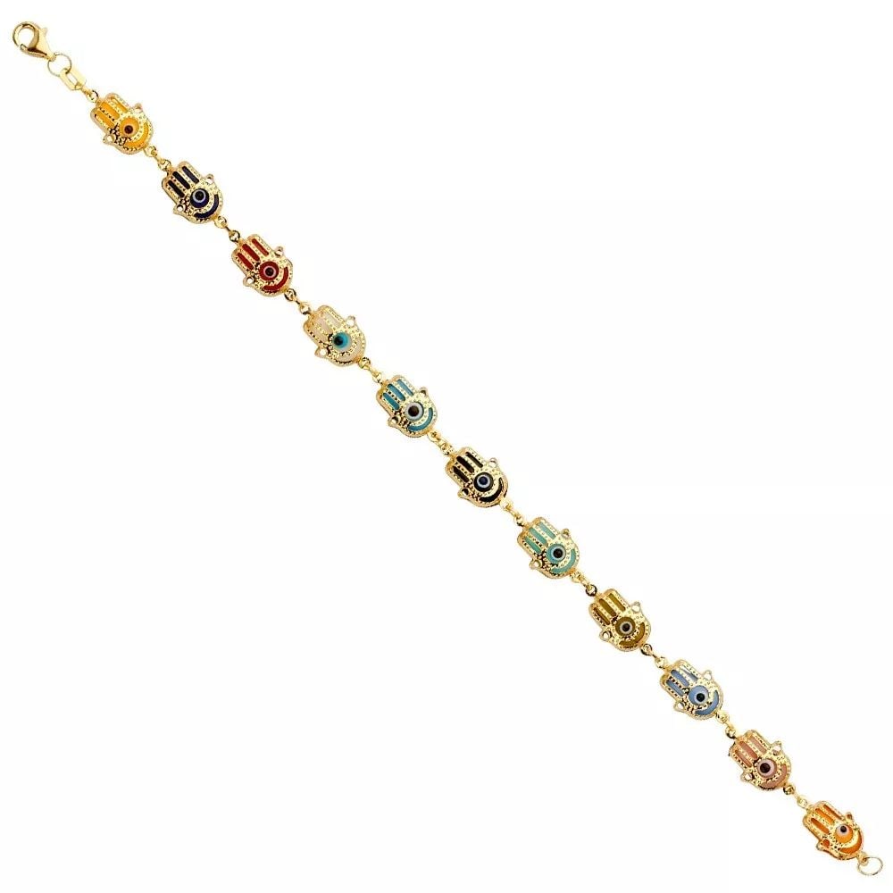 NEW 14K YELLOW GOLD HAMSA MULTI COLOR EVIL EYE BRACELET (1 of 2)