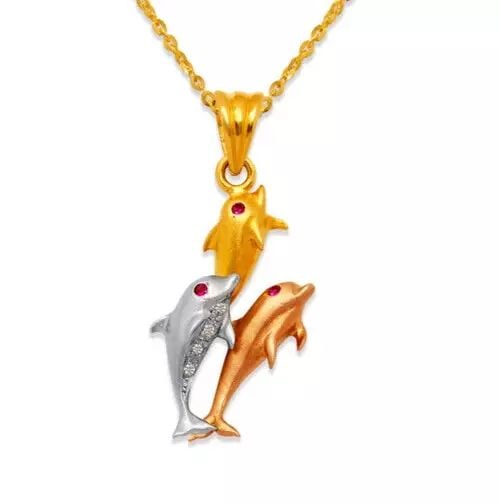 NEW 14K TRICOLOR GOLD FANCY TRIPLE DOLPHIN CZ PENDANT: NEW 14K TRICOLOR GOLD FANCY TRIPLE DOLPHIN CZ PENDANT 14K Tricolor Gold Approx. 16x29mm High Polished/Cubic Zirconia Chains Sold Separately Weight: 4.8 Grams