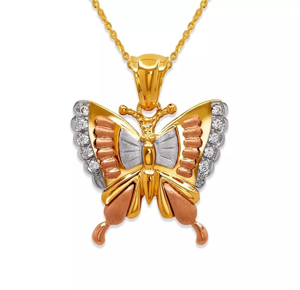 NEW 14K TRICOLOR GOLD FANCY BUTTERFLY CZ PENDANT (1 of 2)