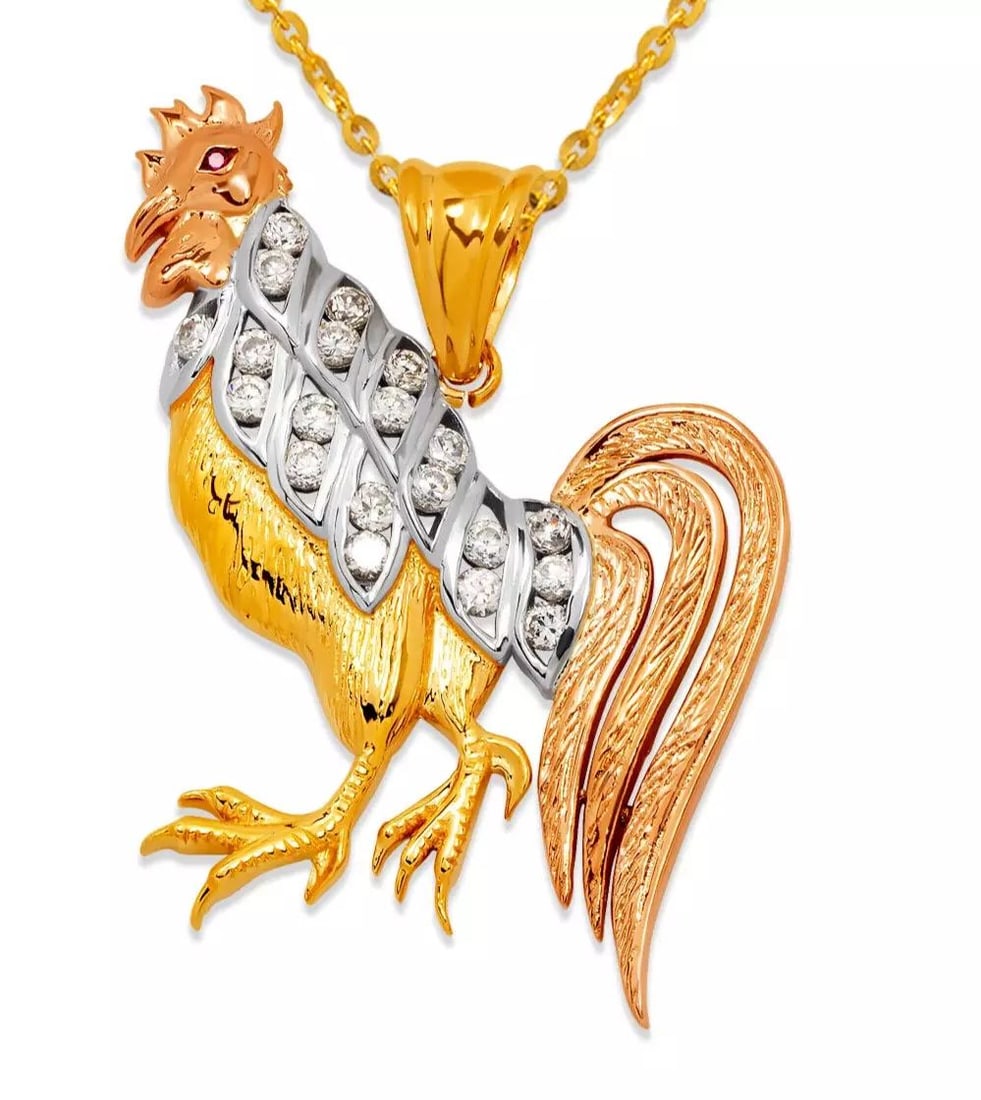 NEW 14K TRICOLOR GOLD FANCY ROOSTER CZ PENDANT (1 of 2)