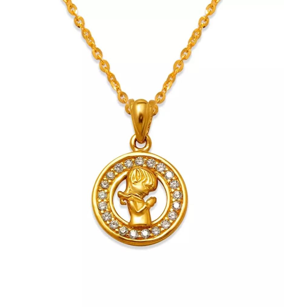 NEW 14K YELLOW GOLD FANCY COMMUNION GIRL CZ PENDANT: NEW 14K YELLOW GOLD FANCY COMMUNION GIRL CZ PENDANT 14K Yellow Gold Approx. 12mm High Polished/Cubic Zirconia Chains Sold Separately Weight: 1.3 Grams