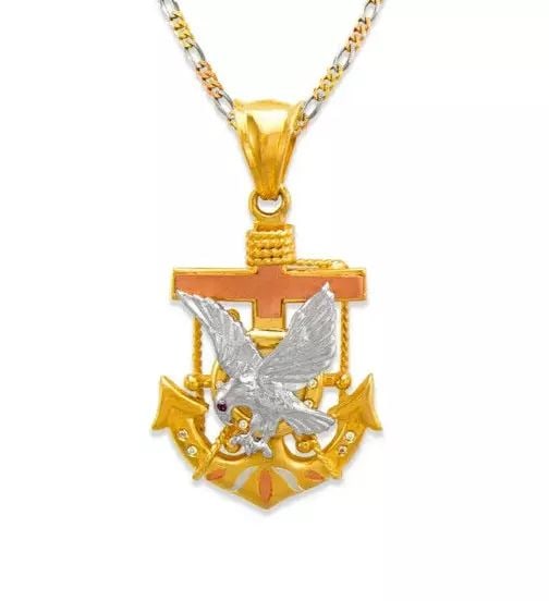 NEW 14K TRICOLOR GOLD FANCY EAGLE ANCHOR CZ PENDANT: NEW 14K TRICOLOR GOLD FANCY EAGLE ANCHOR CZ PENDANT 14K Tricolor Gold Approx. 40mm High Polished/Cubic Zirconia Chains Sold Separately Weight: 16.9 Grams