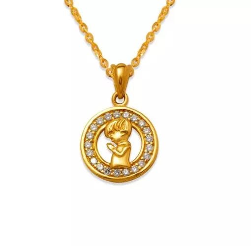 NEW 14K YELLOW GOLD FANCY COMMUNION BOY CZ PENDANT: NEW 14K YELLOW GOLD FANCY COMMUNION BOY CZ PENDANT 14K Yellow Gold Approx. 12mm High Polished/Cubic Zirconia Chains Sold Separately Weight: 1.3 Grams