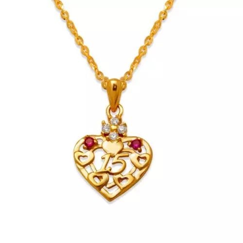 NEW 14K YELLOW GOLD 15 ANOS HEART RED CZ PENDANT (1 of 2)
