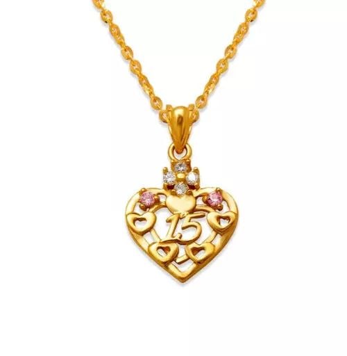 NEW 14K YELLOW GOLD 15 ANOS HEART PINK CZ PENDANT (1 of 2)