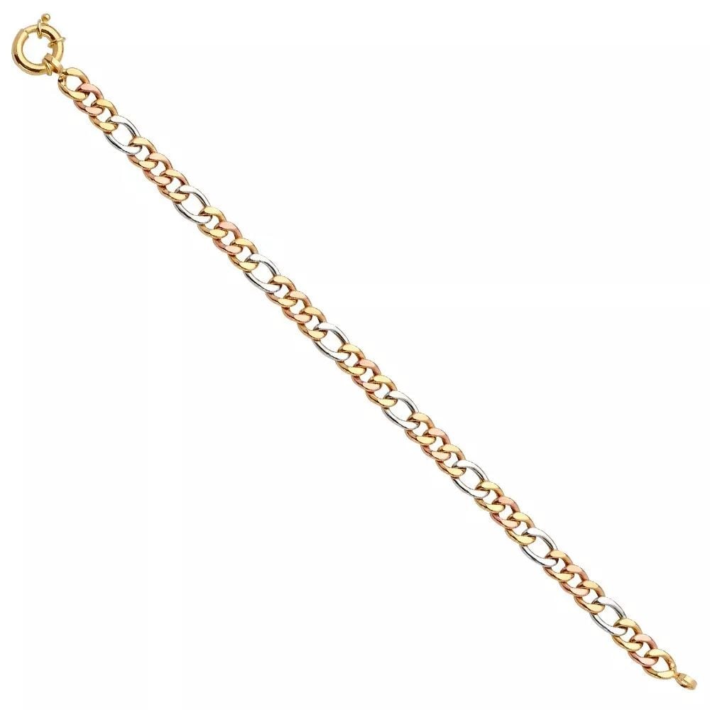 NEW 14K TRI COLOR GOLD FANCY HOLLOW FIGARO BRACELET: NEW 14K TRI COLOR GOLD FANCY HOLLOW FIGARO BRACELET 14K TRI COLOR GOLD NEW FANCY HOLLOW FIGARO BRACELET WEIGHT: 7 g LENGTH: 7.5in