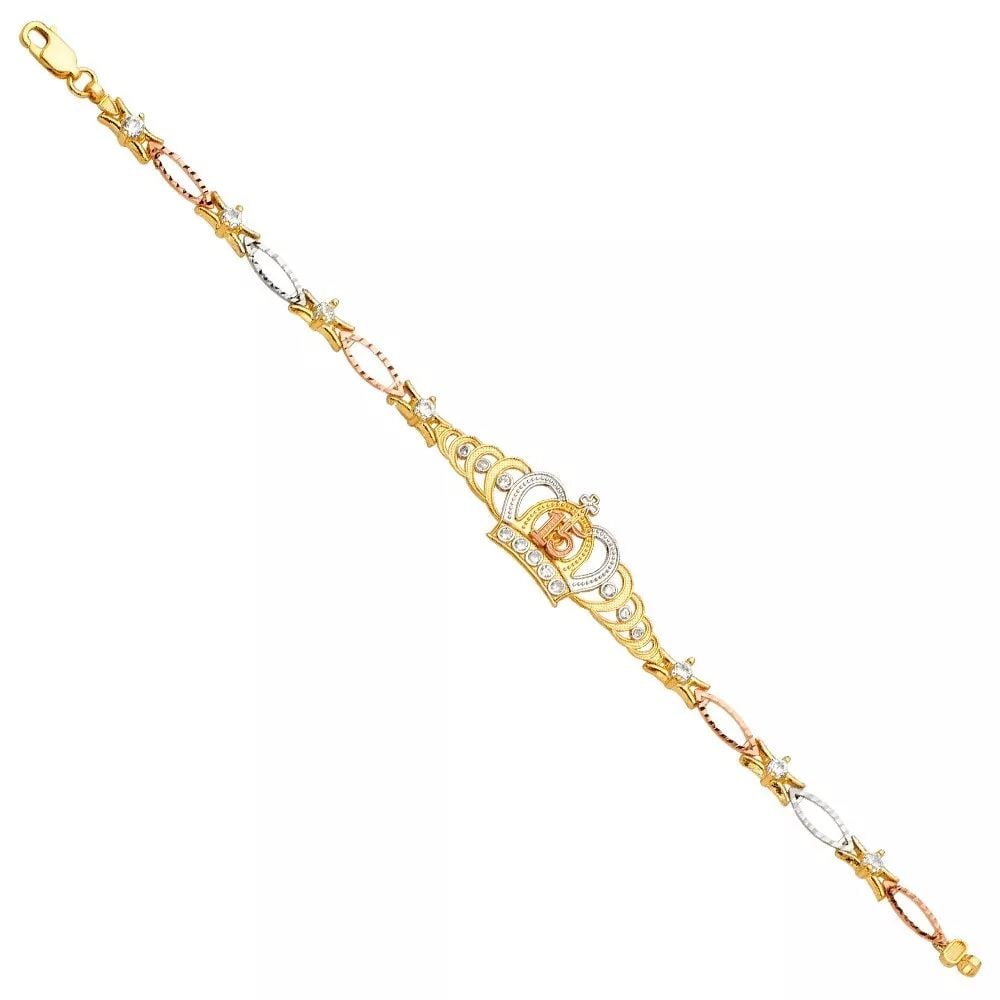 NEW 14K TRI COLOR GOLD 15 YEARS CROWN CZ BRACELET: NEW 14K TRI COLOR GOLD 15 YEARS CROWN CZ BRACELET 14K TRI COLOR GOLD NEW 15 YEARS CROWN CZ BRACELET WEIGHT: 7.2 g LENGTH: 7.5in