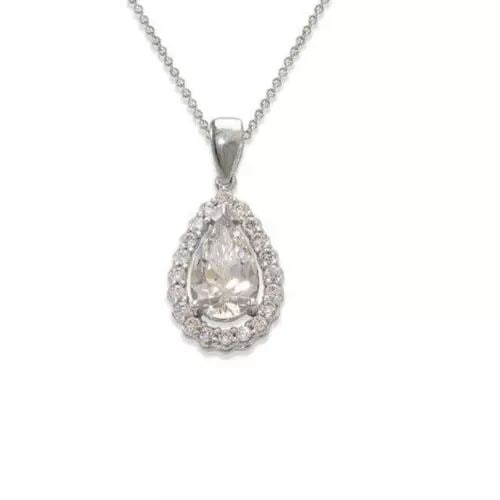 NEW 14K WHITE GOLD FANCY TEARDROP CZ PENDANT: NEW 14K WHITE GOLD FANCY TEARDROP CZ PENDANT 14K White Gold Approx. 9x13mm Cubic Zirconia Items in this Set: Earrings Available as a Set Available in Yellow Gold Chains Sold Separately Weight: 1.1 Gra