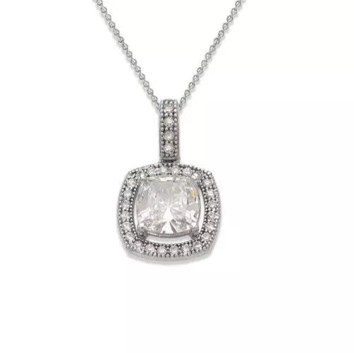 NEW 14K WHITE GOLD FANCY CUSHION CUT CZ PENDANT: NEW 14K WHITE GOLD FANCY CUSHION CUT CZ PENDANT 14K White Gold Approx. 10x10mm Cubic Zirconia Items in this Set: Earrings Available as a Set Available in Yellow Gold Chains Sold Separately Weight: 1.3