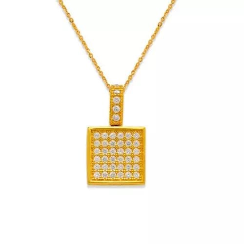 NEW 14K YELLOW GOLD FANCY SQUARE PAVE CZ PENDANT: NEW 14K YELLOW GOLD FANCY SQUARE PAVE CZ PENDANT 14K Yellow Gold Approx. 8x8mm High Polished/Cubic Zirconia Chains Sold Separately Available in White Gold Available as a Set: Earrings Weight: 0.9 Gram
