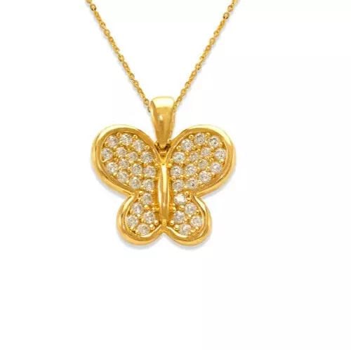 NEW 14K YELLOW GOLD FANCY BUTTERFLY CZ PENDANT: NEW 14K YELLOW GOLD FANCY BUTTERFLY CZ PENDANT 14K Yellow Gold Approx. 14x12mm Cubic Zirconia Items in this Set: Earrings Available as a Set Available in White Gold Chains Sold Separately Weight: 1.6
