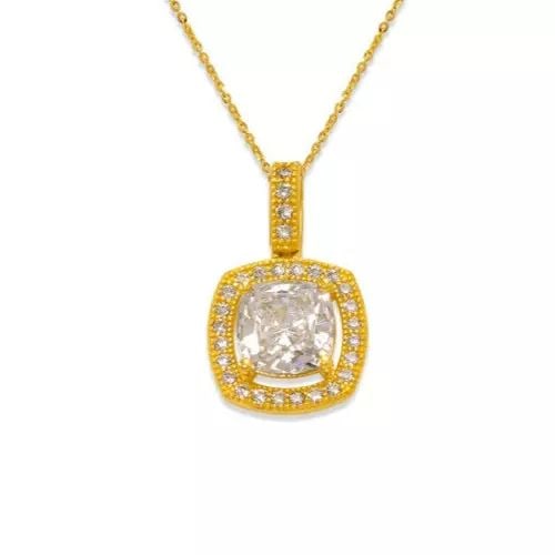 NEW 14K YELLOW GOLD FANCY CUSHION CUT CZ PENDANT: NEW 14K YELLOW GOLD FANCY CUSHION CUT CZ PENDANT 14K Yellow Gold Approx. 10x10mm Cubic Zirconia Items in this Set: Earrings Available as a Set Available in White Gold Chains Sold Separately Weight: 1.
