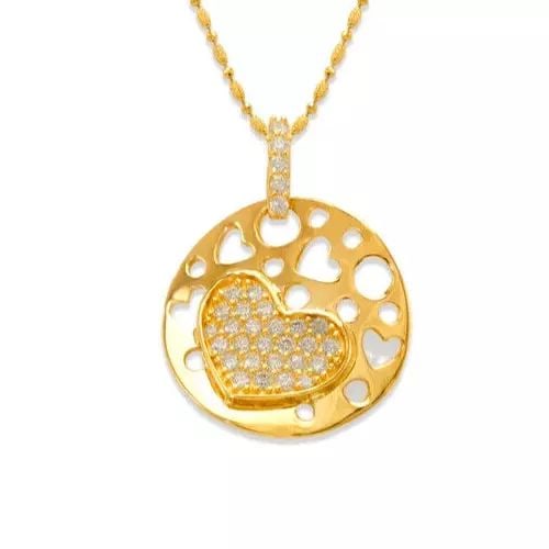 NEW 14K YELLOW GOLD FANCY HEART DISC CZ PENDANT: NEW 14K YELLOW GOLD FANCY HEART DISC CZ PENDANT 14K Yellow Gold Approx. 20x26mm Cubic Zirconia Items in this Set: Earrings Available as a Set Available in White Gold Chains Sold Separately Weight: 2.5