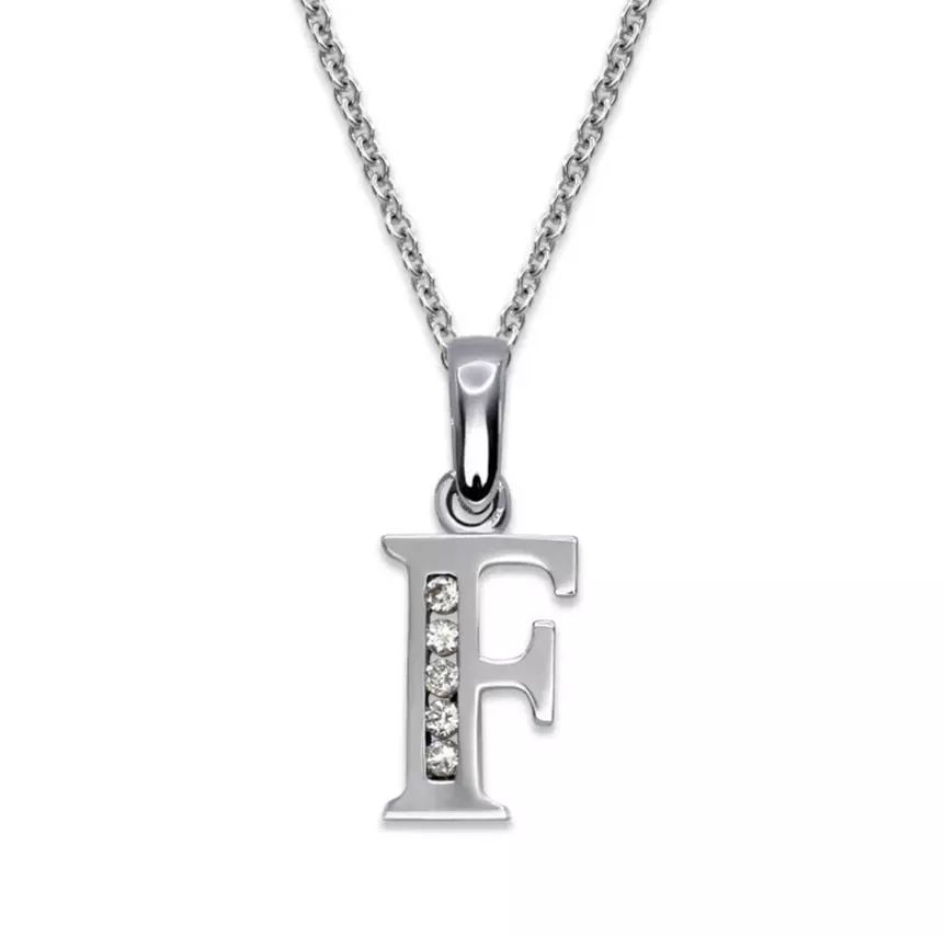NEW 14K WHITE GOLD INITIAL "F" PENDANT: NEW 14K WHITE GOLD INITIAL "F" PENDANT 14K White Gold Approx. 6x10mm High Polished/Cubic Zirconia Available in Yellow Gold Items in this Set: Earrings Available as a Set Chains Sold Separately Weight:
