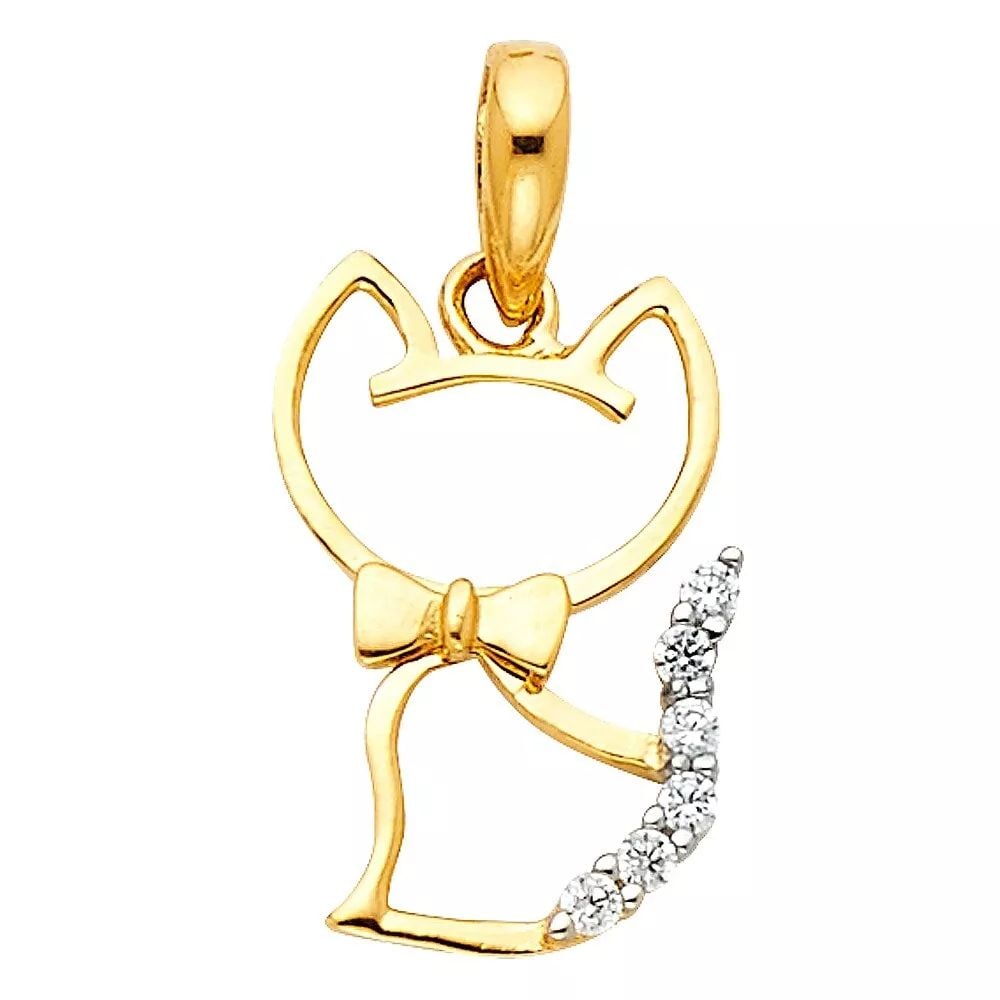NEW 14K TWO TONE GOLD CZ CAT PENDANT (1 of 2)