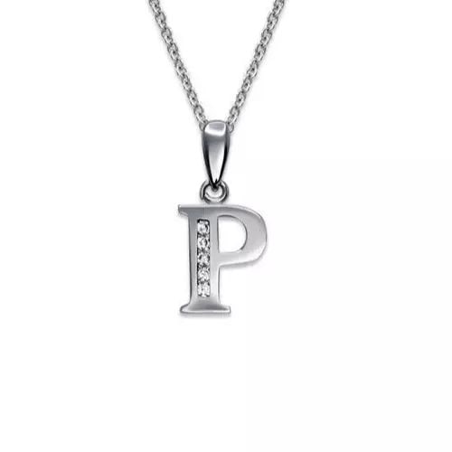 NEW 14K WHITE GOLD WP INITIAL "P" PENDANT: NEW 14K WHITE GOLD WP INITIAL "P" PENDANT 14K White Gold Approx. 8x10mm High Polished/Cubic Zirconia Available in Yellow Gold Items in this Set: Earrings Available as a Set Chains Sold Separately Weig