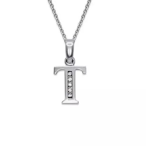 NEW 14K WHITE GOLD WT INITIAL "T" PENDANT: NEW 14K WHITE GOLD WT INITIAL "T" PENDANT 14K White Gold Approx. 8x10mm High Polished/Cubic Zirconia Available in Yellow Gold Items in this Set: Earrings Available as a Set Chains Sold Separately Weig