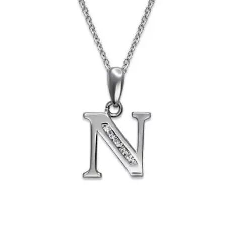 NEW 14K WHITE GOLD WN INITIAL "N" PENDANT: NEW 14K WHITE GOLD WN INITIAL "N" PENDANT 14K White Gold Approx. 9x10mm High Polished/Cubic Zirconia Available in Yellow Gold Items in this Set: Earrings Available as a Set Chains Sold Separately Weig