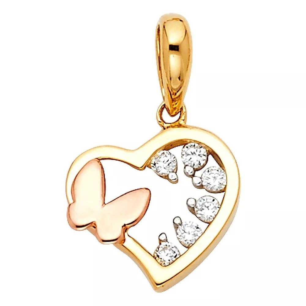 NEW 14K TWO TONE GOLD CZ HEART WITH BUTTERFLY TINY PENDANT: NEW 14K TWO TONE GOLD CZ HEART WITH BUTTERFLY TINY PENDANT 14K TWO TONE GOLD NEW CZ HEART WITH BUTTERFLY TINY PENDANT WEIGHT: 0.9