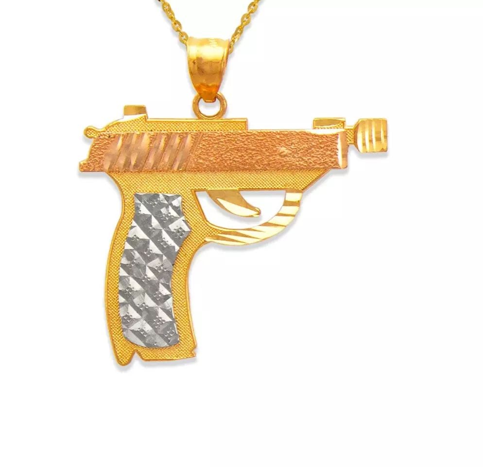 NEW 14K TRICOLOR GOLD HANDGUN PENDANT: NEW 14K TRICOLOR GOLD HANDGUN PENDANT 14K Tricolor Gold Approx. 34x29mm High Polished/Diamond Cut Chains Sold Separately Weight: 4.9 Grams