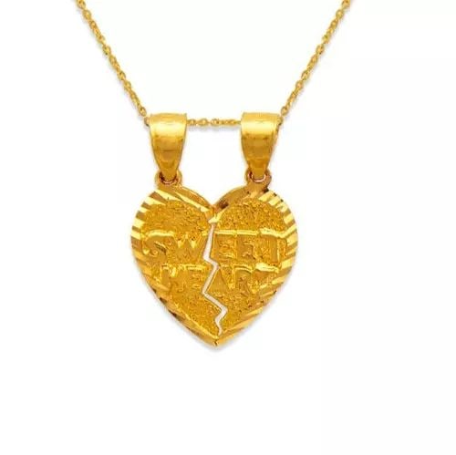 NEW 14K YELLOW GOLD TWO-PIECE SWEET HEART PENDANT: NEW 14K YELLOW GOLD TWO-PIECE SWEET HEART PENDANT 14K Yellow Gold Approx. 16x15mm High Polished/Diamond Cut Chains Sold Separately Weight: 1.8 Grams